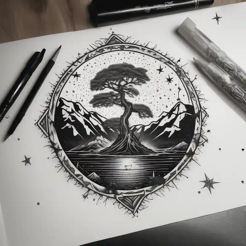 dotwork style Ocean Tattoo Ideas in 2025 about tattoo that has an acacia tree with mountains and ocean with a ship wreck with sharks and the bright northern star hello kitty tattoo